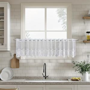 TEMU 1pc 현대적인 화이트 레이스 꽃 홀로우 짧은 커튼 - 세탁 가능한 폴리에스터, 바퀴 포켓 디자인, 주방 및 공부 장식용 클리어 뷰잉, 작은 창 | 장식 창 | 질감