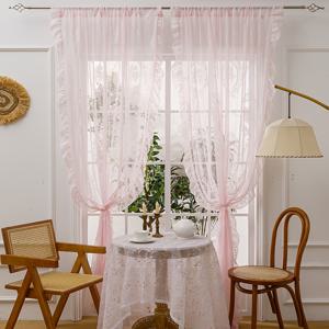 TEMU 1pc 우아한 핑크 레이스 투명 커튼 패널, 꽃무늬와 프릴이 있는 세미투명 폴리에스테르, 침실, 거실, 또는 식당 장식용 로드 포켓 디자인, 거실 커튼