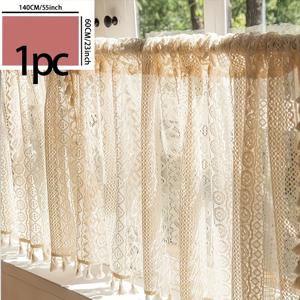 TEMU 1pc 베이지 크로셰 커튼 드레스 - 주방, 침실 및 사무실용 반투명 레이스 커튼 - 농가 스타일 홈 데코, 거실용 커튼