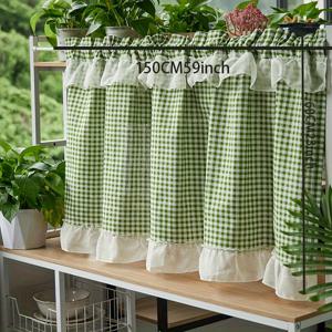 TEMU 1pc 신선하고 패션적인 소형 체크 레이스 커피 커튼 - 전통 스타일, 반투명 폴리에스테르, 바늘 포켓, 아이렛, 프린팅 세부 사항, 침실 또는 주방 장식에 완벽합니다.