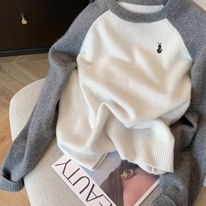 TEMU 가을 겨울 신상 여성용 다목적 동물 자수 컬러 블록 라운드넥 오프숄더 긴팔 스웨터