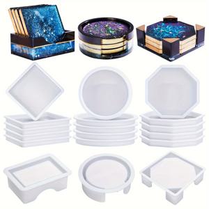 TEMU 18개 실리콘 수지 주조 몰드 세트, 유연한 에폭시 수지 컵 받침 몰드, DIY 공예, 컵 매트, 전자 레인지 및 오븐 안전, 쉬운 탈형을 위한 거치대가 포함된 원형, 정사각형 및 팔각형 모양