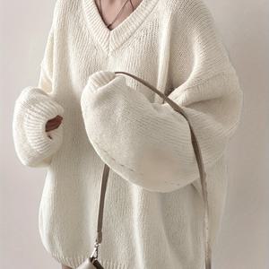 TEMU 세련된 V넥 긴 소매 단색 풀오버 스웨터 - 100% 폴리에스터 니트 원단, 드롭 숄더, 롱 기장, 여유로운 핏, 약간의 신축성 - 시즌 내내 세련된 니트 탑