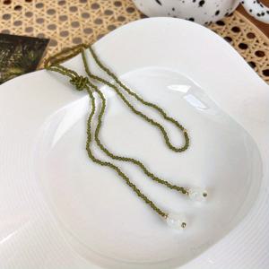 TEMU 다양한 착용법의 화이트 릴리 오브 더 밸리 꽃 올리브 그린 목걸이, 여성용 랩핑 더블 레이어 초커, 스타일리시 Y자 모양 목걸이.|비즈목걸이