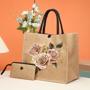 TEMU 2피스 세트, 우아한 꽃과 새 프린트, 가벼운 폴리에스테르 토트 백, 어깨 스트랩, 손 세탁/드라이 클리닝, 화장품 파우치 포함, 스타일리쉬 여성 패션 숄더 백, 여행 비치 백, 오일 에지 없음, 포지션 프린트, 스냅 버튼으로 닫힘, 폴리에스테르 라이닝.