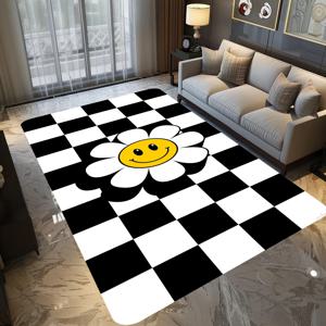 TEMU 1개 기분 좋은 노란색 꽃무늬 체크 디자인 매트 - 미끄럼 방지, 세탁기 사용 가능한 플란넬 매트, 침실, 주방, 거실용 다양한 사이즈 - 부드러운 짧은 플러시 소재, 검정 & 흰색 체크 테두리, 거실용 러그