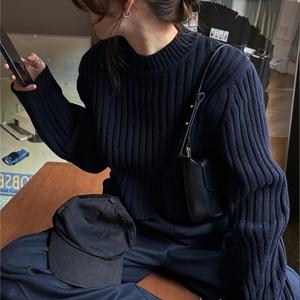 TEMU 여성용 우아한 네이비블루 스웨터 - 부드러운 신축력의 라운드넥, 긴소매 사계절 다목적 오피스에서 캐주얼까지 편안하고 구김방지된 솔리드컬러 스웨터 (손세탁/드라이클리닝), 화려한 느슨한 핏 대형사이즈 얇은 니트, 캐주얼 롱슬리브 가디건