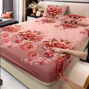 TEMU 3pcs 세트 패션 로맨틱 크리스마스 발렌타인데이 핑크 브릭 로즈/베개 커버 2개/매트리스 커버 1개/침실 트윈/풀/퀸/킹 사이즈 - 베이지색의 부드러운 라이트 베이지 - 간편한 관리 - 매트리스에 잘 맞고 착용하기 쉬움, 사계절 사용 가능