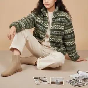 노르딕 패턴 양털 후리스 집업 겨울 점퍼