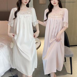 이너퀸 프리수 여성용 란제리 실키 사틴 레이스 반소매 롱 슬립 원피스 홈웨어 잠옷 이지웨어 2208반팔슬립