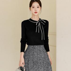 [시크라인] 포일라 리본장식 배색 니트 봄 가을 간절기 긴팔니트 데이트룩 모임룩 미시룩 오피스룩