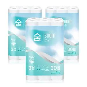 [천연펄프] 숨 순수 3겹 20m 30롤 3팩 화장지 휴지 두루마리