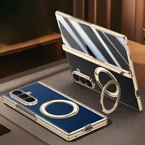 갤럭시 Z폴드7 골드 도금 가죽 사생활보호 강화 액정 풀커버 맥세이프 호환 링 그립 폴더 케이스