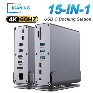 15 in 1 USB C 도킹 스테이션 4K HD 수직 허브 (트리플 모니터, RJ45 1000M, USB 3.0/2.0, PD 3.0, SD/TF
