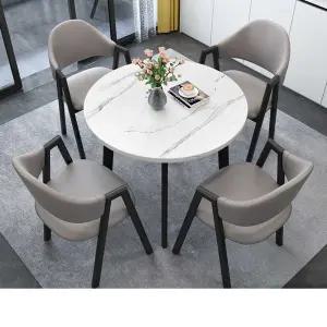 4인식탁세트 호텔 로비 카페 원형 가정용 식탁 테이블 대리석무늬 원형 테이블+그레이 가죽의자의자