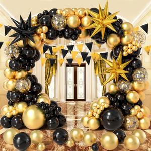 졸업식 새해 기념 생일 파티 장식용 블랙 골드 색종이 풍선, 스타 포일 풍선이 포함된 본로핀 및 풍선 갈랜드 아치 키트 158개