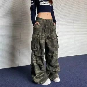 여성 와이드 카고 바지 밀리터리 카모 빅포켓 롱 팬츠
