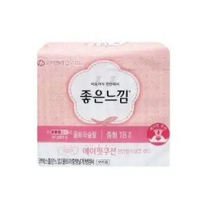 좋은느낌 울트라 슬림 중형 18개입/여성용/생리대/월경/흡수/양이보통인날/안심/혈액/위생용/일회용/날개형