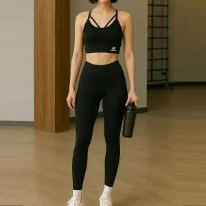 [하프클럽/]NB  NB 로고 크롭탑 레깅스 여성 요가복 필라테스복 헬스복 블랙 N