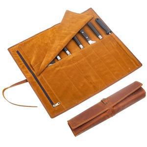 YLZMDQ 가죽 셰프 나이프 롤백, 셰프용 나이프백, 대형 지퍼 파우치 및 7슬롯 프로페셔널 롤, 주방 도구 요리 액세서리용 보관 가방(갈색)