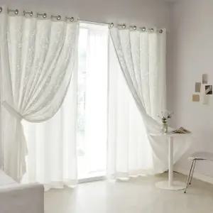 린넨룩쉬어+들꽃 레이스 대형 침실 거실커튼 4장
