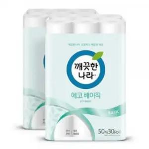 깨끗한나라 화장지 에코베이직 2겹 50m 30롤 x 2팩 잘풀리는집 크리넥스 순수 프리미엄 코디
