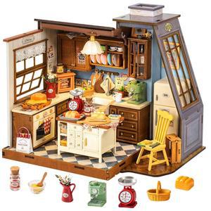 로라이프 DIY 인형집 미니어처 하우스 키트 1:18 피치 루프 창이 있는 베이킹 주방, 디오라마 작은 집 건축 키트 공예품 소년 소녀용 홈 데코 선물