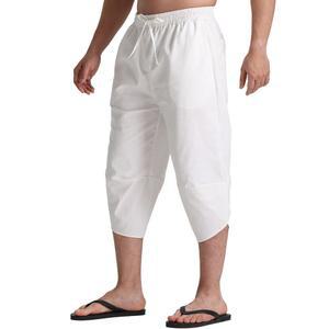 루이지셩 남성 린넨 카프리 팬츠 비치 요가 배지 3/4 반바지 경량 드로스트링 탄력 허리 주머니 포함