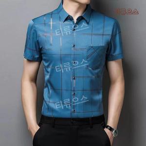 프린트 남성용 스 쿨링 반팔 셔츠 실크 와이셔츠 남성 티류으스