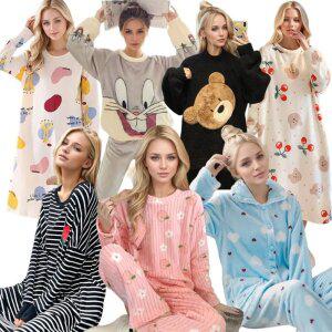 신상품 입고 여성 사계절 잠옷 반팔 긴팔 극세사 원피스 세트 홈웨어 파자마 커플