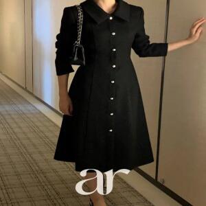 (MADE/국내제작/펄감한스푼격식룩무드200) 메르덴 펄 트위드 카라 긴팔 롱 원피스 op1