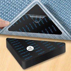 일반 12팩 카펫 테이프, 재사용 및 세척 가능한 원목 바닥 타일용 논슬립 러그 패드, 패드 코너, 러그를 고정할 수 있는 스티커 코너(블랙)