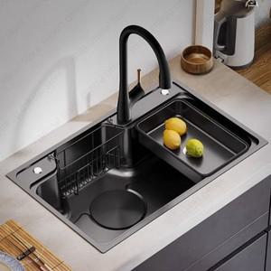 블랙 다기능 주방 싱크대, 싱글 야채 그릇, 스테인레스 스틸, 두꺼운 수제 세척, 절단, 배수, 풀 세트