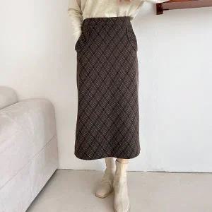 [다잇템] 여자 H라인 주머니 사선 격자 슬릿 겨울하객룩 롱스커트_23867279_588872