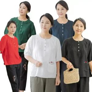 이브바바 여성 여름 인견 5부소매 쿨 자수 핀턱 블라우스 중년 엄마옷 상의