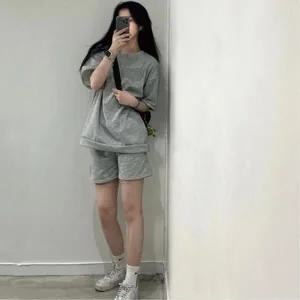 [마이모노샵] 여성 트레이닝복 츄리닝 오버핏 반팔 반바지set 룩북