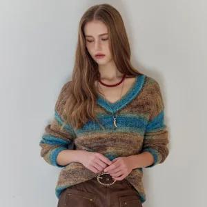 [MAXZA] 그라데이션 스트라이프 비즈 브이넥 니트