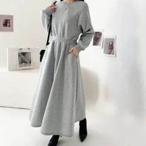 허리밴딩 라운드넥 원피스 스타일 긴팔 슬림한 치마