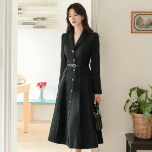 [시크라인] (~XXL까지) 스멀더스 숄카라 레더 실버 버튼 플레어 트위드 원피스 봄,가을 단독 하객룩 오피스룩 모임룩