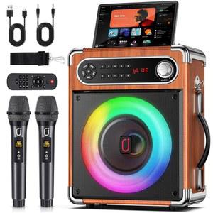 JYX 노래방 기계, 무선 마이크 2개, 디스코 조명이 있는 휴대용 블루투스 5.3 PA 스피커, 스마트 TV 호환, 업그레이드된 서브우퍼, 베이스 부스트 & 에코, TF/USB/AUX/FM, 홈 및 아웃도어 파티