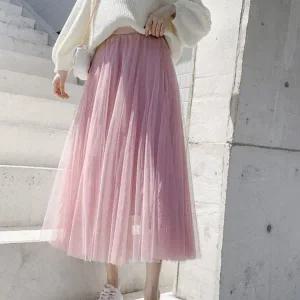[하프클럽/]망사스커트 여자 쉬폰 샤스커트 밴딩 롱스커트 레이스 발레리나