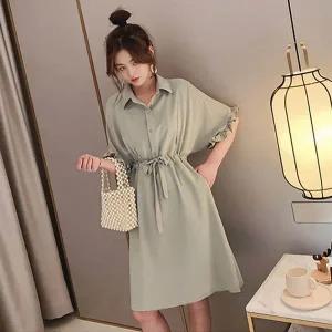 [하프클럽/]여자 허리끈 반팔 카라 셔츠 원피스 LDW-OPS-SSIS366-연카키
