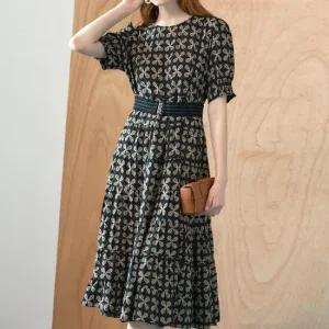 [MAXZA] 클로버 플라워 패턴 볼륨 플레어 롱원피스(벨트2종포함)