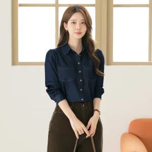 [시크라인] (~XXL까지) 비엔엘르 스티치 실키 데님 블라우스 가을 데일리 일상 캐쥬얼 출근룩 베이직 빅사이즈