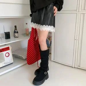 여성 힙무드 가죽 레이스 레이어드 숏 팬츠