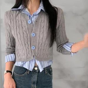 [하프클럽/]여성 클래식 스트라이프 셔츠 원피스 골지 크롭 버튼 니트