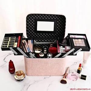 [룽스]메이크업가방 핑크 바느질 가죽 파우치 3단