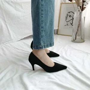 스틸레토힐 여자 배색 미들굽 스웨이드 하이힐 투톤