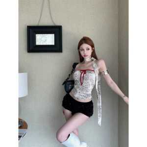 호피 리본 튜브탑 조끼 민소매 슬림 이너 탑