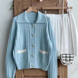 여성 카라넥 금장 단추 투톤 물결 간절기 니트 가디건 DGB-WCD-4189-민트